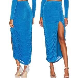 Remi x Revolve Blue Draped Ruched Maxi Skirt Size 2X | Lined High Slit Skirt